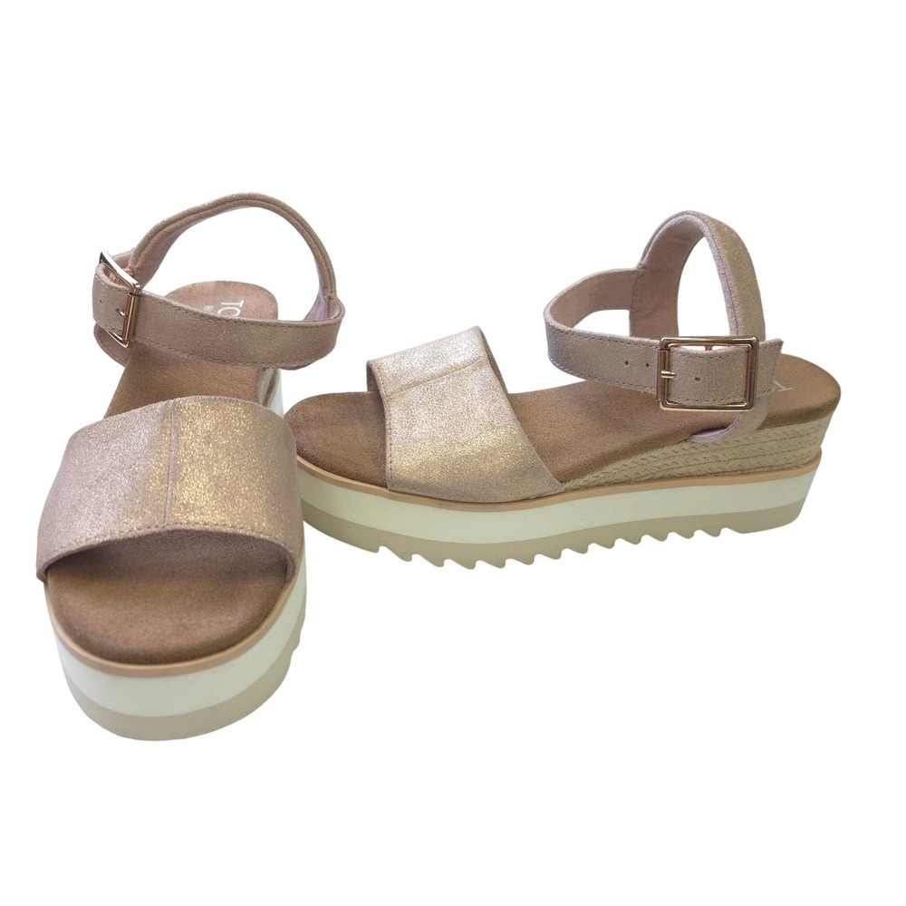 TOMS Metallic Rose Gold Leather Platform Wedge Sandals Womens 7 Boho Resort
